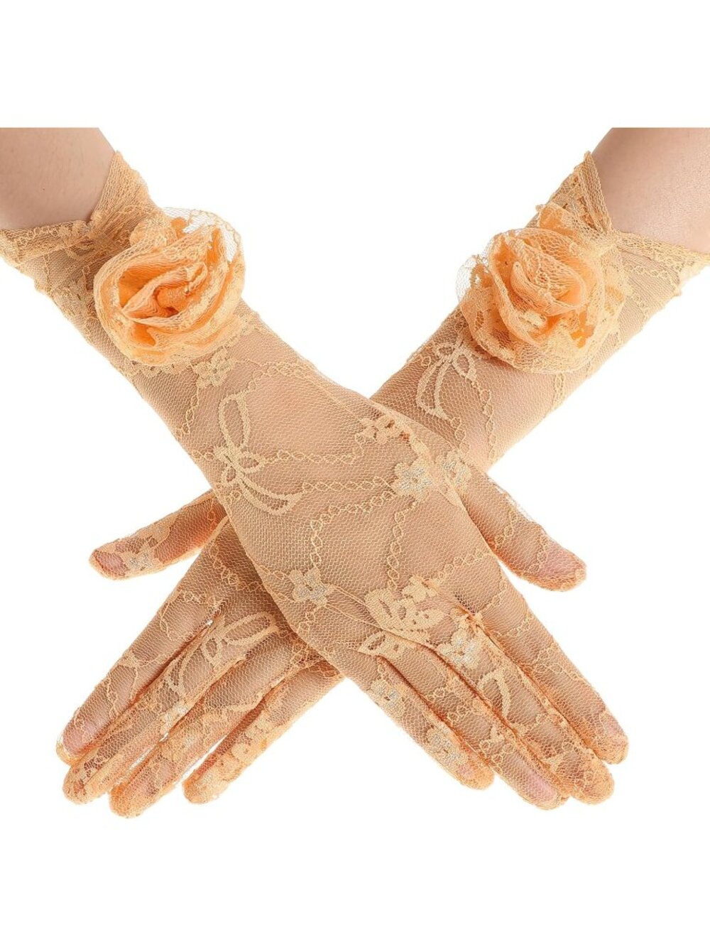 Women Orange Lace Floral Tea Wedding Bridal Opera Costum Gloves with 3D Rose